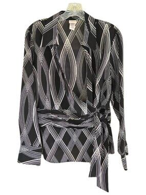 Covington Black & White Wrap Front Blouse Women's Large Long Sleeve Tie Waist